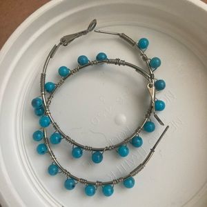 Gold with turquoise colored beads pierced hoop earrings